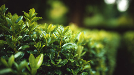 Close up shot of a green bush with small leaves in a garden with blurred background