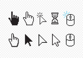Transparent PNG available Pixel cursor or computer mouse pointer icons set. 
Pixel hand, pointer hand, arrow logo vector isolated icons set. 