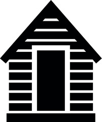 Illustration of black and white vector graphic of a simple wooden shed or cabin with a door for design and illustration vector