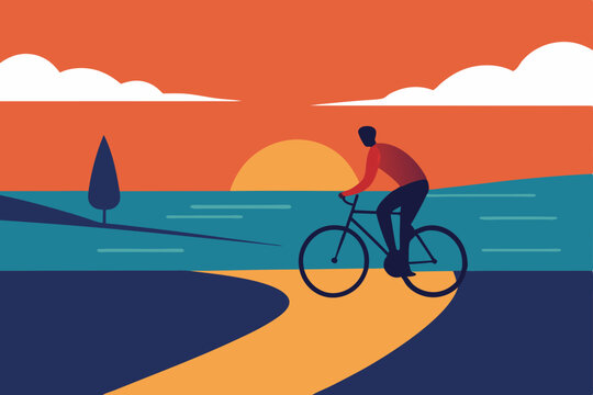 bicyclist riding along a seaside path at sunset