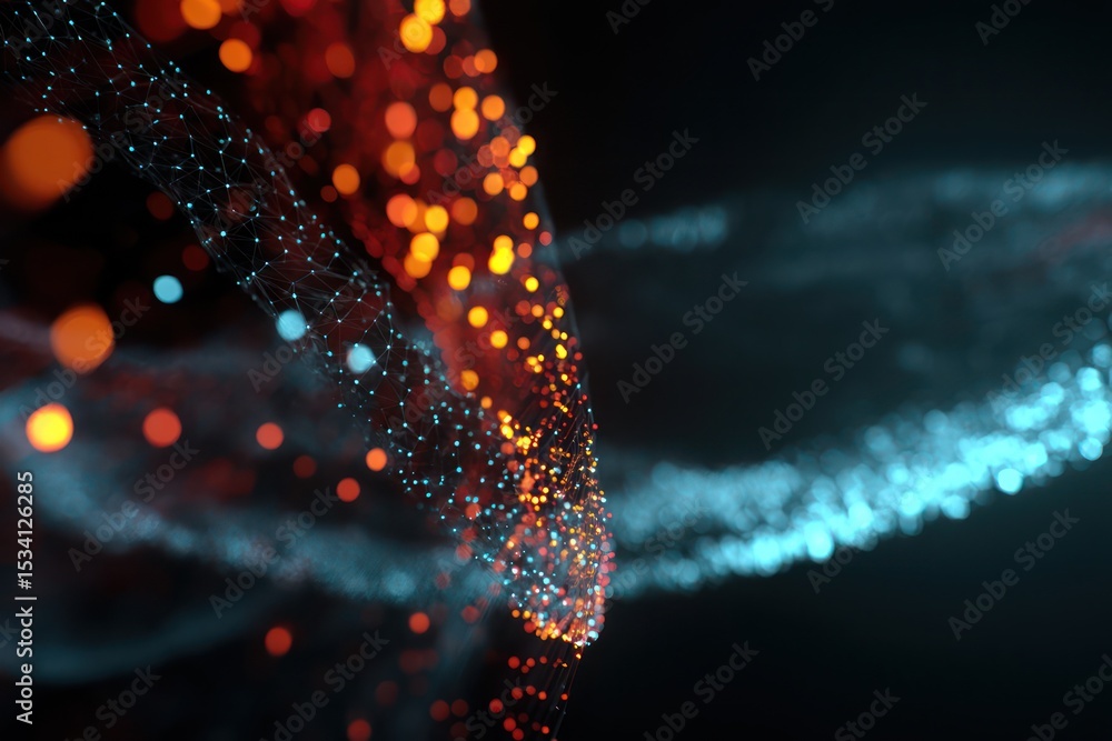 Poster glowing particles form modern, abstract design elements in a sci-fi environment.