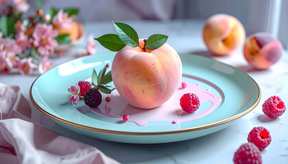 Peach Dessert on a Plate with Raspberries and Flowers
