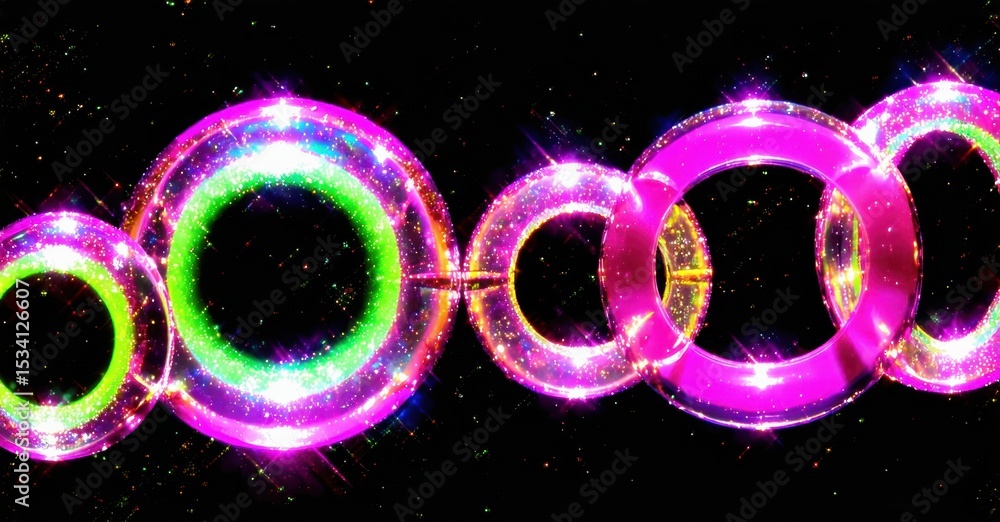 Poster bright, colorful rings linked together. vivid pinks, greens, sparkles create dynamic visual effect. 
