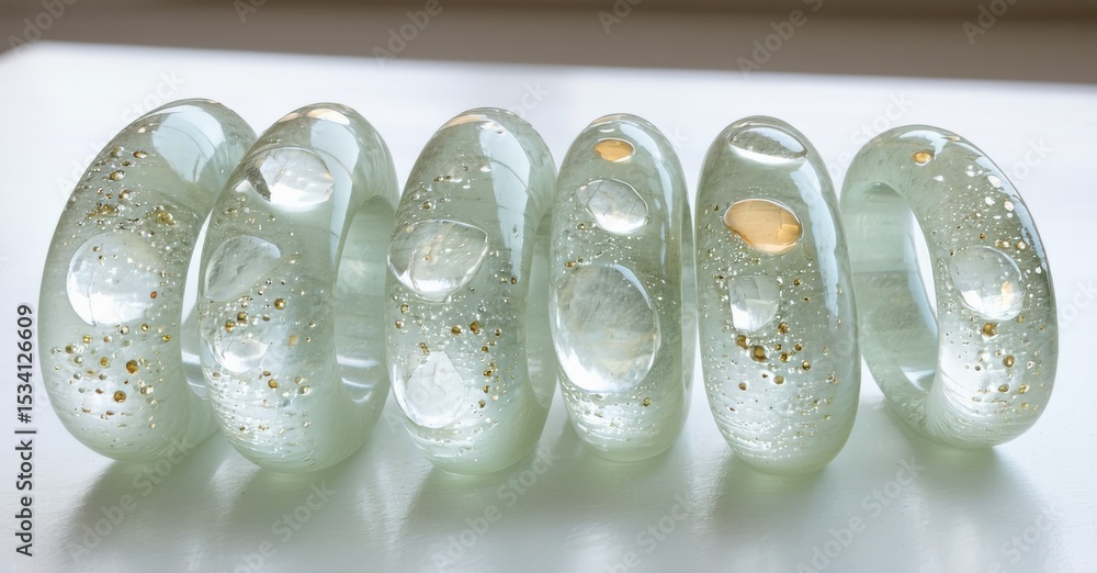 Poster Glass sculpture. Rounded forms contain gold flecks. Light passes through translucent material creating subtle shadows. Minimalist aesthetic.