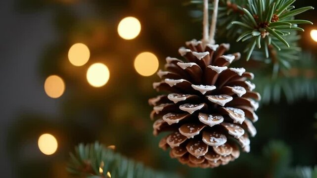 Pine cone ornament hanging from evergreen tree with bokeh lights  