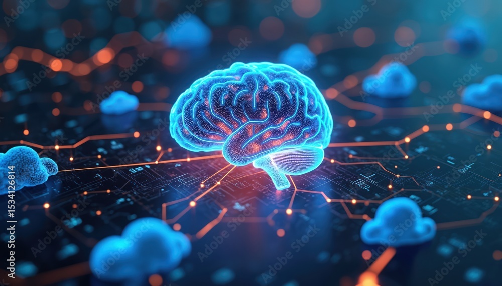 Poster Glowing digital brain cloud computing, modern tech future. Conceptual image of AI network, innovation, machine learning, data center, cyberspace, neural network, virtual reality.