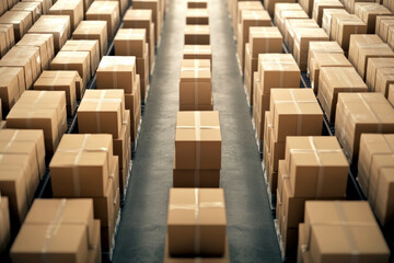 Long aisles of stacked brown cardboard boxes fill a warehouse, illustrating organized inventory storage and bulk packaging logistics within a distribution center.