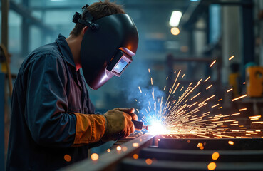 Welder welds metal with arc welding machine. Sparks fly, smoke. Worker in protective mask, gloves, working on metal construction in industrial workshop. Manufacturing process.