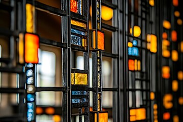 Architectural stained glass panel with bold colors and geometric design