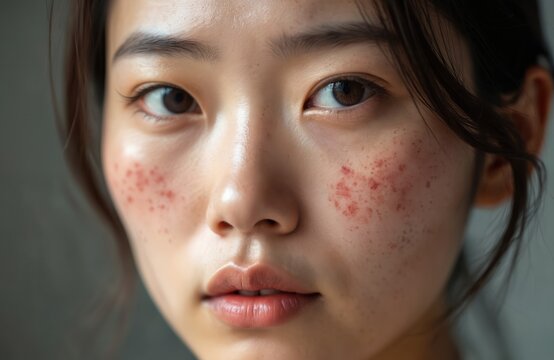 Close-up portrait of Asian woman face with skin imperfections. Dark spots freckles, hyperpigmentation visible. Dermatology, cosmetology issues, skincare treatment, health. Young female with beauty