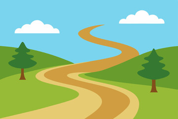 Fototapeta premium Green summer landscape with a winding road through a forest leading to a distant horizon under a cloudy sky