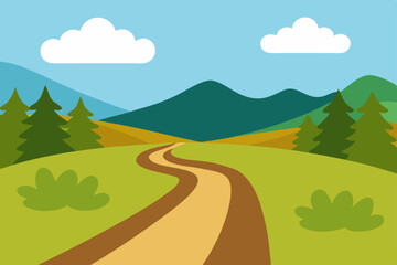 Obraz premium Green rural landscape with a winding road leading to distant mountains under a blue sky