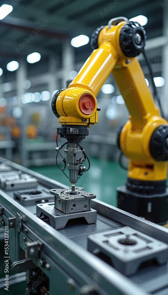 Aufkleber Robot arm in manufacturing factory. Automated industrial robot on production line. Modern tech. Robotic arm working at machine-building plant. Automation of processes in manufacturing industry.