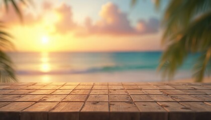 Empty wooden table top, tropical beach sunset blurred background. Product display podium, stage for cosmetic, fashion, perfume, food promotion. Summer vacation, travel, advertisement backdrop.