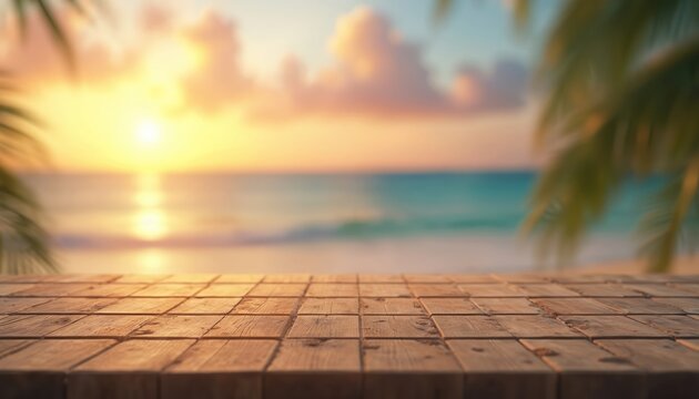 Empty wooden table top, tropical beach sunset blurred background. Product display podium, stage for cosmetic, fashion, perfume, food promotion. Summer vacation, travel, advertisement backdrop.