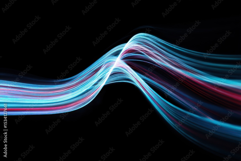 Poster flowing neon wave lines at high speed, visualizing futuristic abstraction through dynamic digital de