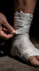 Close up of a person wrapping a foot and ankle with a white woven bandage wrap