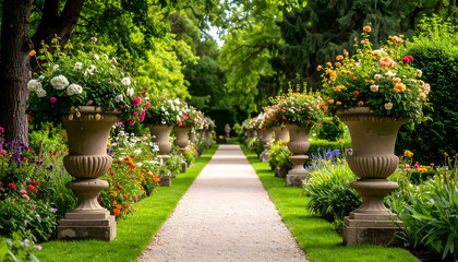 Serene Garden Path with Ornate Flower Urns