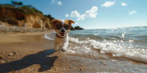A cute Puppy Dog playfully running at the beach wearing sunglasses.