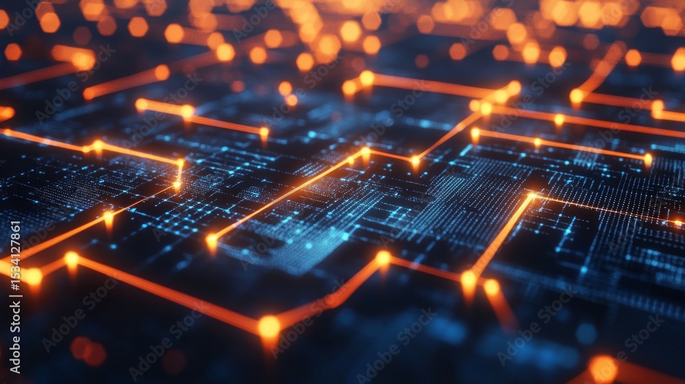 Poster glowing digital blockchain identity network concept with cyber design