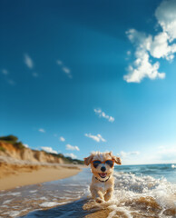 A cute Puppy Dog playfully running at the beach wearing sunglasses.