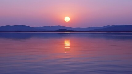 Obraz premium A tranquil full moon glowing orange above a gently lapping navy sea, the water reflecting the light in faint golden ripples, soft clouds trailing across a lavender-tinged sky.