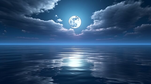 A stunning macro of the full moon rising over a rippling sea, the water catching reflections of the pale moonlight in silvery patterns, a few wispy clouds drifting by.