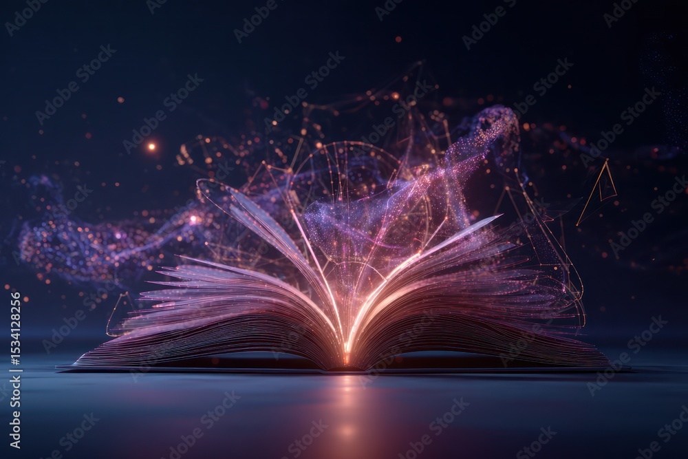 Poster digital hologram of an open book surrounded by floating abstract knowledge and light symbols.