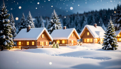 Snowy Winter Village Night Scene