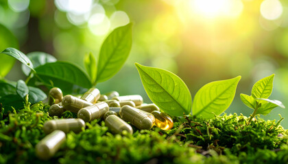 Natural Herbal Supplements: Capsules on Moss with Lush Green Foliage