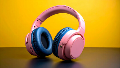 Pink and Blue Over-Ear Headphones on Yellow Background