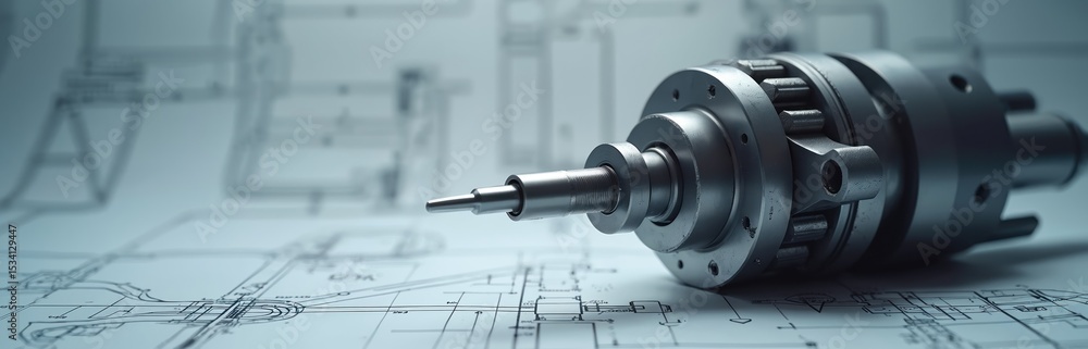 Poster High-precision mechanical part with technical blueprints background illustrating engineering manufacturing concepts. Detail upgrade metal science layout assembly hardware system. Tech industry