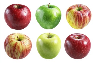 Variety of fresh apples with water droplets, vibrant red, green, and mixed-colored fruit in a neat arrangement isolated on white background