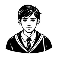 Illustration of a young student wearing graduation gown and tie in black and white vector image