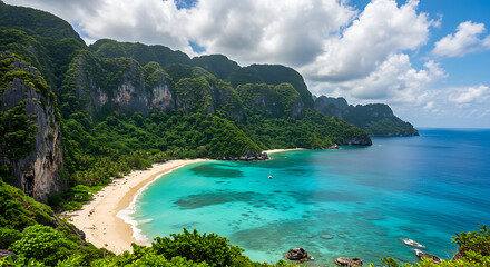 Fototapeta premium Aerial View of Exotic Island Cove and Clear Blue Sea