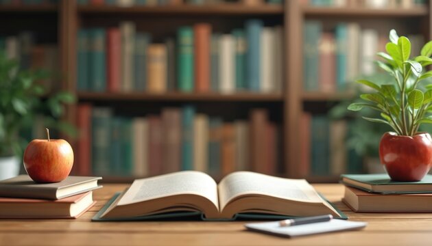 Open book on wooden desk. Fresh red apple on book stack near green plant, books in background. Studying, knowledge, education, learning, library concept. Back to school.