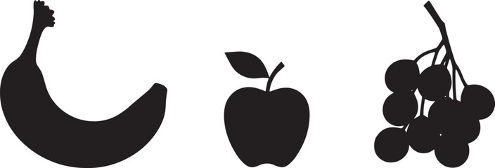 “Black Fruit Silhouette Set – Banana, Apple, Grapes – Minimal Vector Icons on White Background”