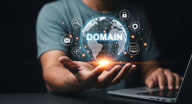  DNS domain name system and web server network system concept . website name,Hosting on website creation,Domain Registration and Url Address for web page,Cyber Security and Global Internet Connections - Powered by Adobe
