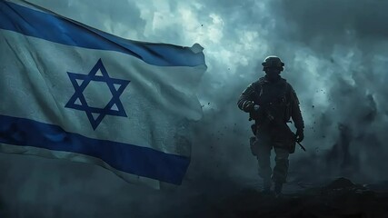 Israeli flag waves on the left; a soldier silhouette with rifle stands in smoke on the right. Dark clouds, debris, and blue-gray tones create a tense, dramatic digital war scene.

 - Powered by Adobe