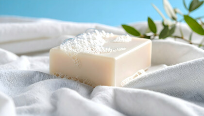 Luxury Soap Bar on Soft White Towel with Bubbles
