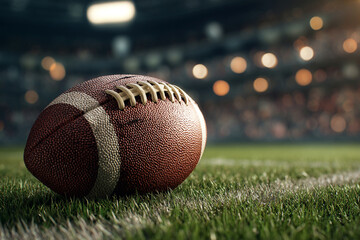 A close up of an american football on a green field with stadium lights in the back