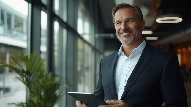 Happy middle aged business man ceo wearing suit standing in office using digital tablet. Smiling mature businessman professional executive manager looking away thinking working on tech device.