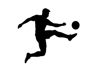 Silhouette of soccer player kicking ball in mid-air action