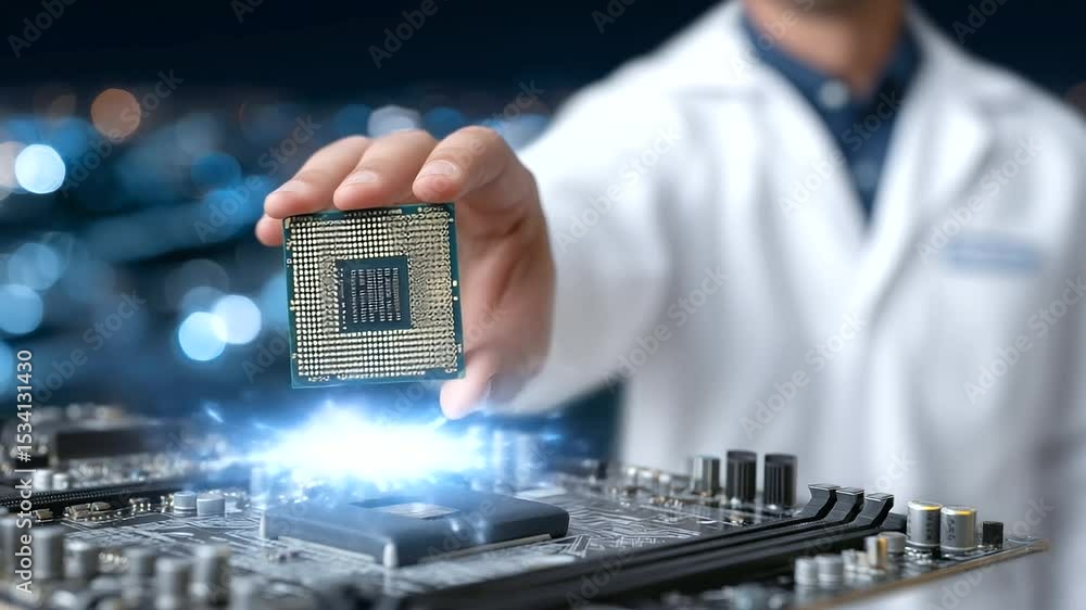 Poster technician’s hand with an anti-static wrist strap holding a processor chip mid-air, ready to drop it