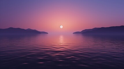 Naklejka premium A warm-toned scene of a glowing orange moon cresting over a deep purple sea, the water glistening with subtle gold reflections, faint mist at the horizon blending into the sky.