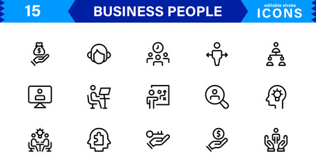 Business People Icon Set Representing Leadership, Teamwork, Meetings, Growth, and Success in a Minimalist, Professional, and Download-Ready Style