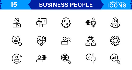 Business People Icon Set Representing Leadership, Teamwork, Meetings, Growth, and Success in a Minimalist, Professional, and Download-Ready Style