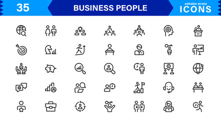 Business People Icon Set Representing Leadership, Teamwork, Meetings, Growth, and Success in a Minimalist, Professional, and Download-Ready Style