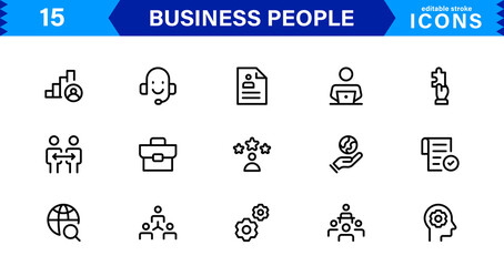 Business People Icon Set Representing Leadership, Teamwork, Meetings, Growth, and Success in a Minimalist, Professional, and Download-Ready Style