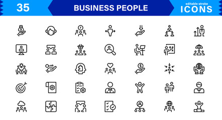 Business People Icon Set Representing Leadership, Teamwork, Meetings, Growth, and Success in a Minimalist, Professional, and Download-Ready Style